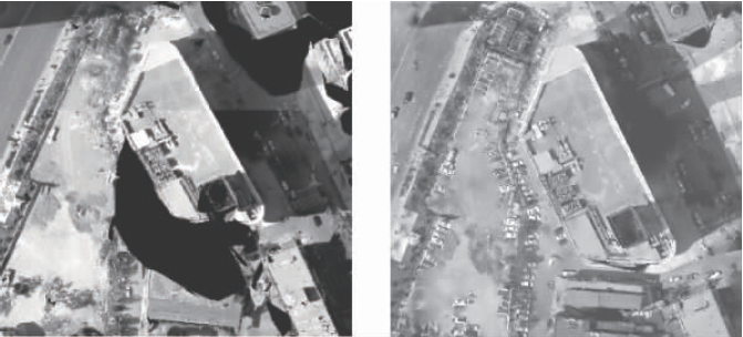 未利用傾斜影像修補(bǔ)存在黑洞圖(左)、利用傾斜影像修補(bǔ)后的TDOM圖(右) 未利用傾斜影像修補(bǔ)存在黑洞圖(左)、利用傾斜影像修補(bǔ)后的TDOM圖(右)